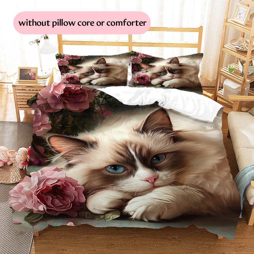 Ragdoll Cat and Rose Pattern Bedding Home Decoration Birthday Gift (1 * Duvet Cover + 2 * Pillowcase, Without Core)