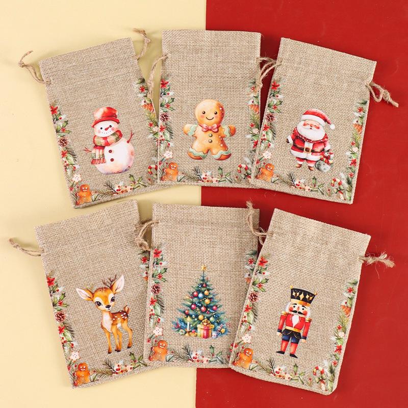 6pcs Watercolor Christmas Linen Candy Bags Burlap Drawstring Gifts Storage Bags Christmas Decorations 2026 Xmas Navidad Natal