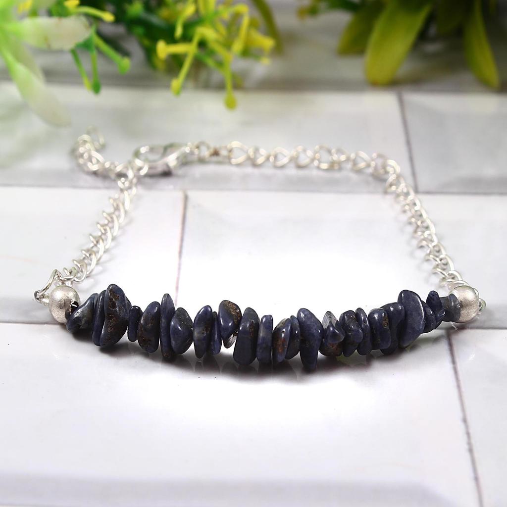 Natural Lapis Lazuli September Birthstone Bracelet, Rough Chips Bracelet, 925 Sterling Silver Bracelet, Blue Crystal Bracelet Gift For Her.
