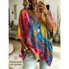 Women's large-size V-neck T-shirt, retro casual top, with printed design, fashionable and versatile ,machine washable.