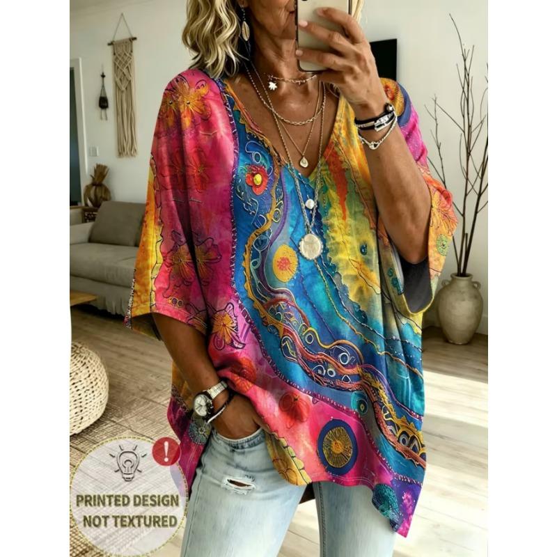 Women's large-size V-neck T-shirt, retro casual top, with printed design, fashionable and versatile ,machine washable.