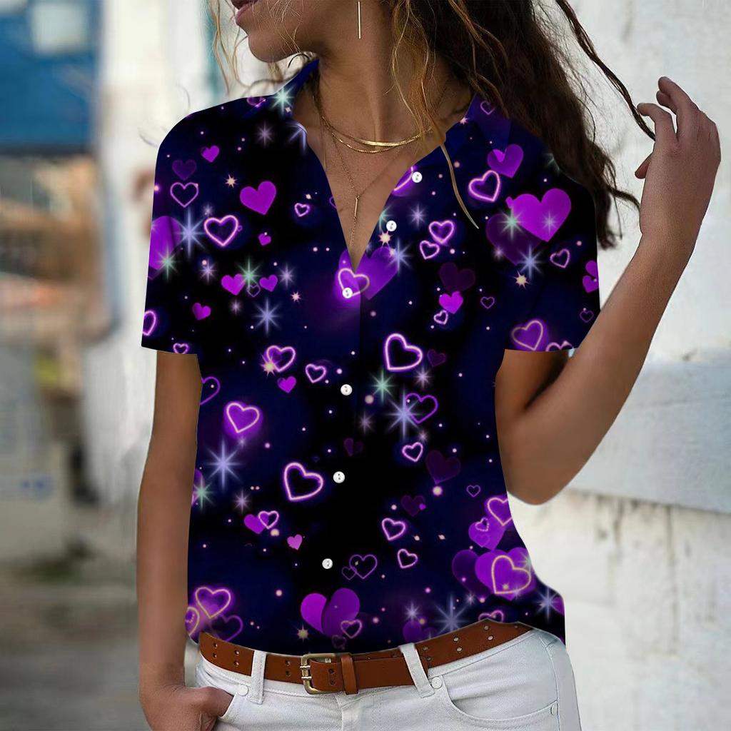 2025 Summer New Fashion Women's Love Printed Short Sleeve V-neck Casual Button-down Shirt Top