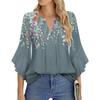 Women's Fashion Casual Pleated V-Neck Solid Color Three-quarter Sleeve T-Shirt Elegant Top