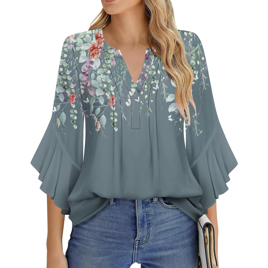 Women's Fashion Casual Pleated V-Neck Solid Color Three-quarter Sleeve T-Shirt Elegant Top