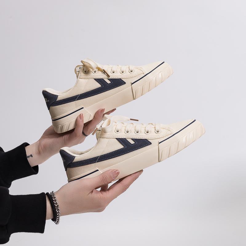 Warrior Trendy Versatile Retro Breathable Lightweight Low-Top Canvas Shoes Unisex sneaker Beige Dark-Blue WXY-B249MJ06