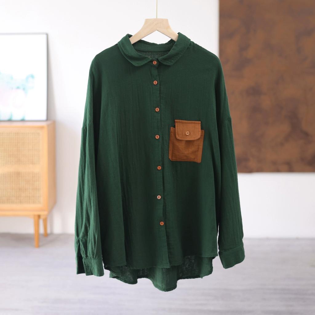 Dimanaf 2025 Jarní halenka Košile Tričko velké velikosti Ženy Len Dlouhý rukáv Kapsy Módní topy Trička Volná trička Novinka
