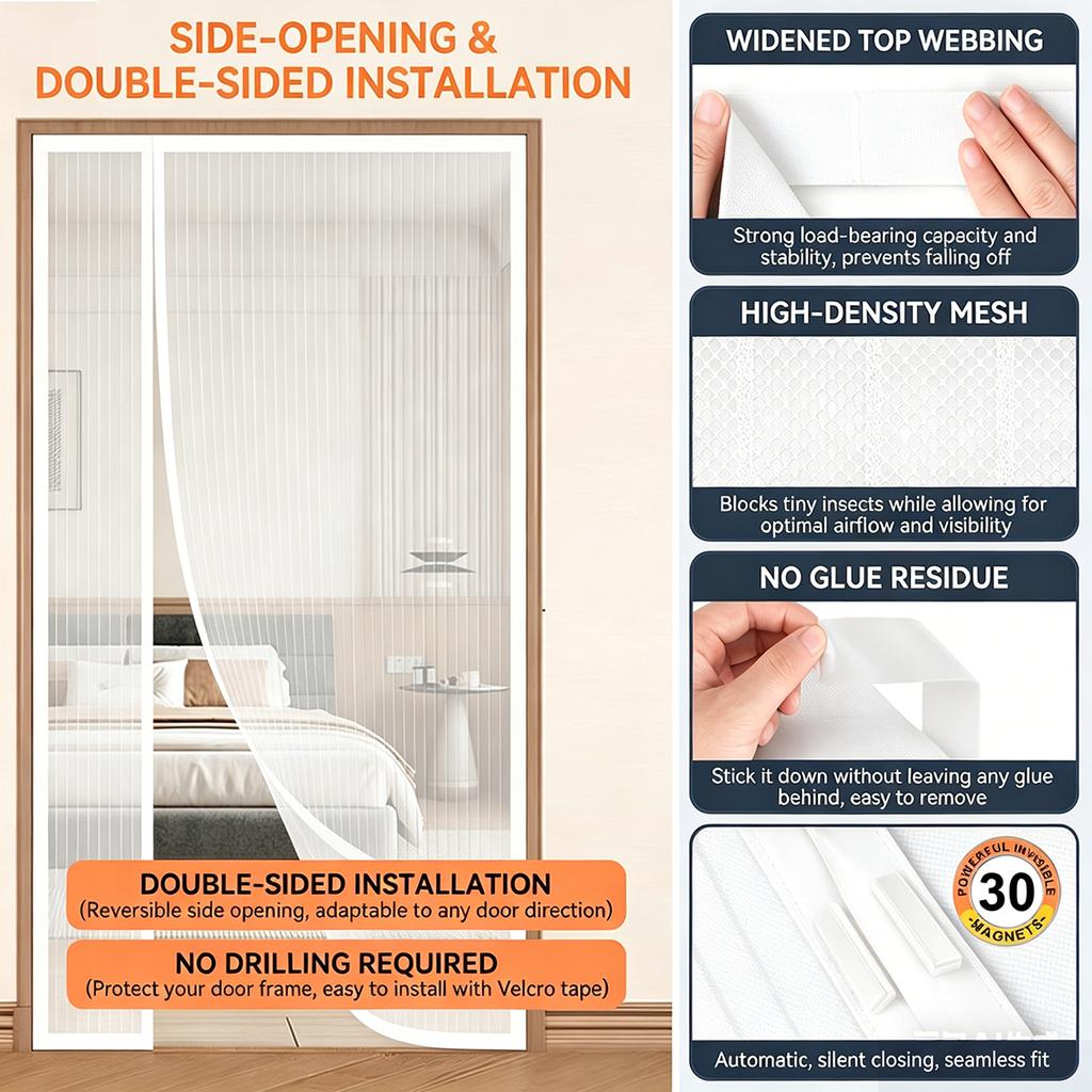 Magnetic Screen Door, Side-Opening Double-Sided Magnetic Screen Door, Insect Screen, Polyester Mesh, High-Density Breathable Screen—White