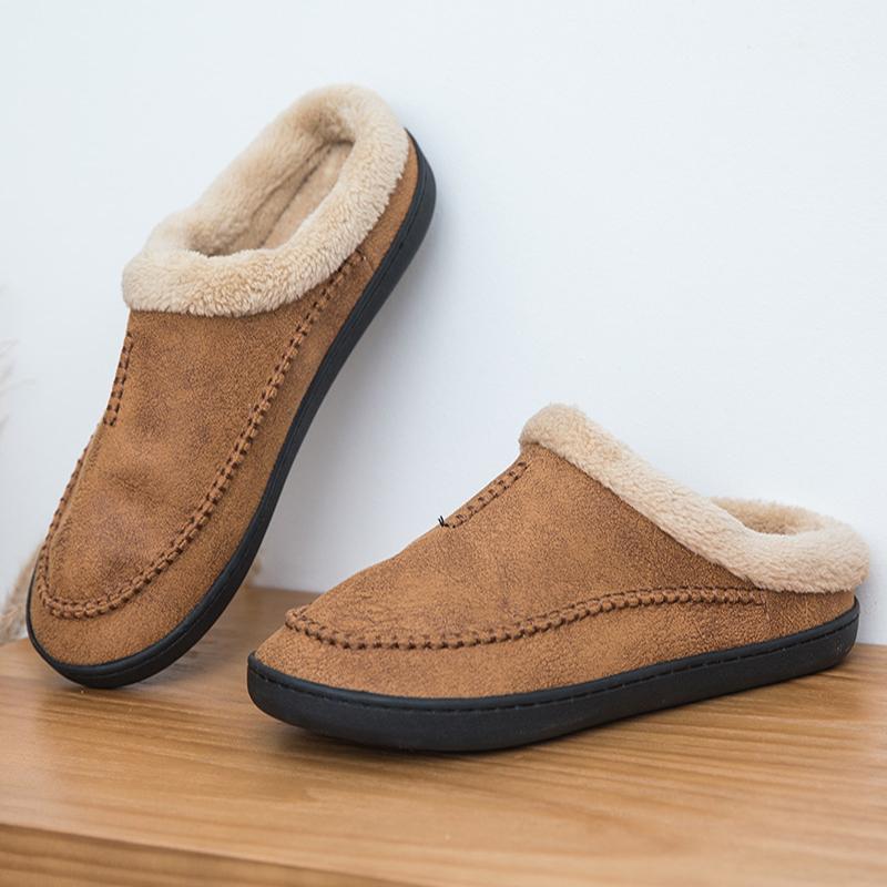 Fashion Men's Slippers Home Winter Indoor Plush Warm Shoes Thick Bottom Plush Waterproof Leather House Slippers Man Suede Cotton Shoes