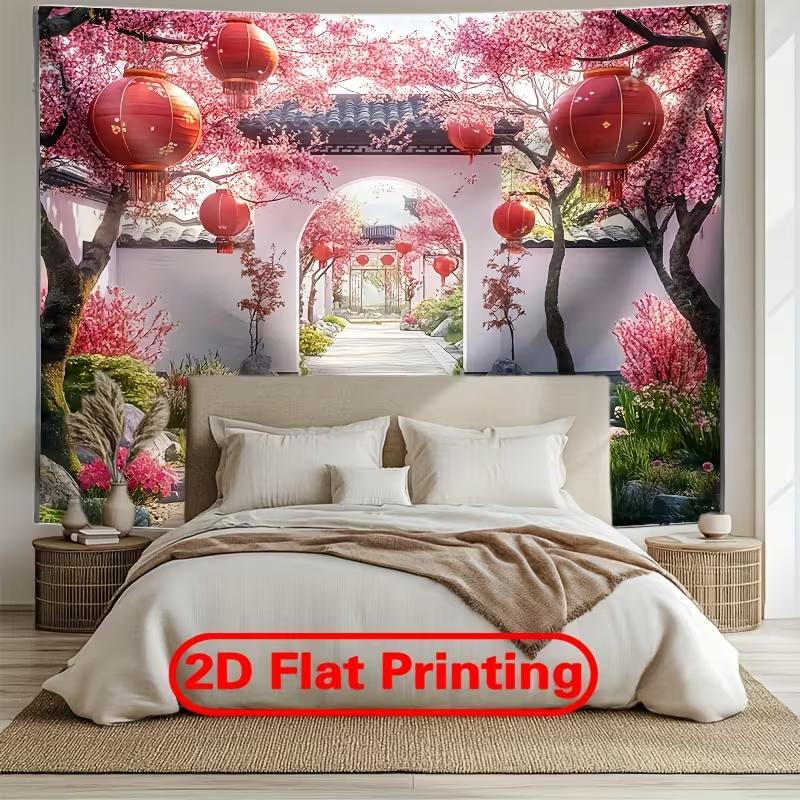 2D Feder Kirschblüten Zaunwand, Wasserdichte Chinesische Hofkulisse für Hof Terrasse Garten Dekoration