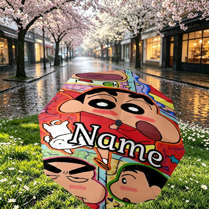 Custom Name Personalized Crayon Shin Print Umbrella, Auto Open Close, 8‑Rib Sturdy Frame, Commute Camping Hiking Use, Birthday Gift