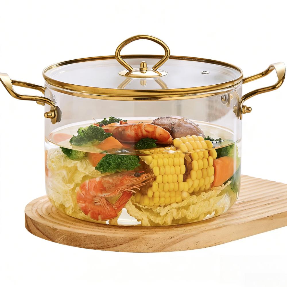 Pentola in Vetro da 3,5L con Coperchio Resistente al Calore Manici Doppi in Acciaio Inossidabile Pentola per Cucinare Zuppa Latte Pasta Fornello Utensili da Cucina in Vetro
