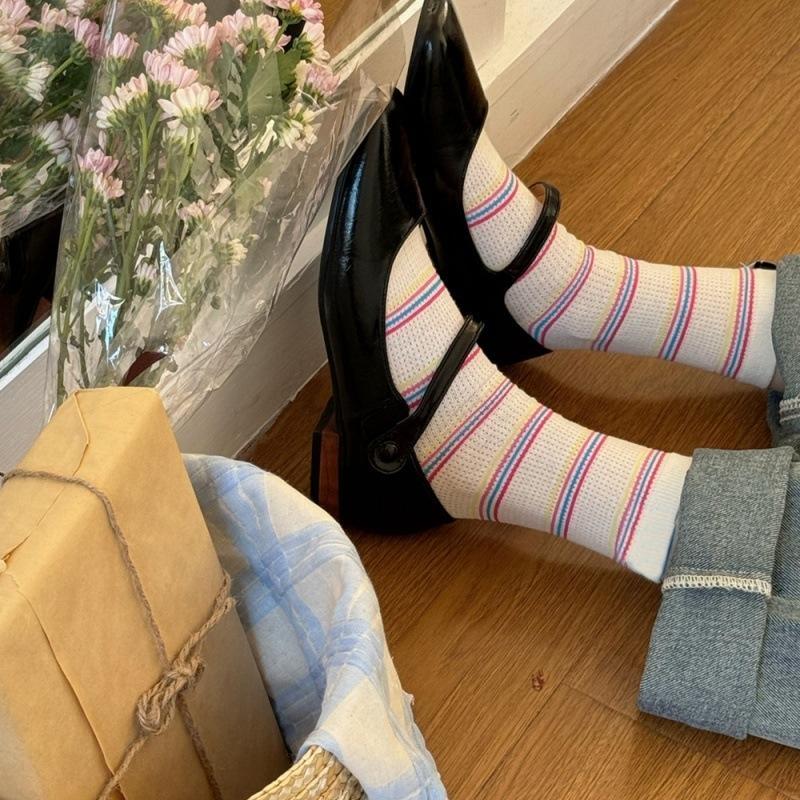 Girls Colorful Polka Dot Striped Socks Kids Mid Calf Socks Ins Trendy Pure Cotton Summer Thin Mesh Breathable Long Spring Summer
