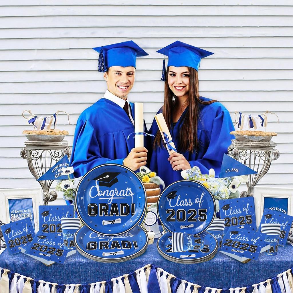 Blue Black Graduation Party Disposable Tableware Set Plate Cup Congrats Grad Class of 2025 Party Decor Graduation Party Supplies