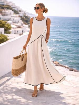2026 Mediterranean Resort Style Color Block A-Line Dress for Women