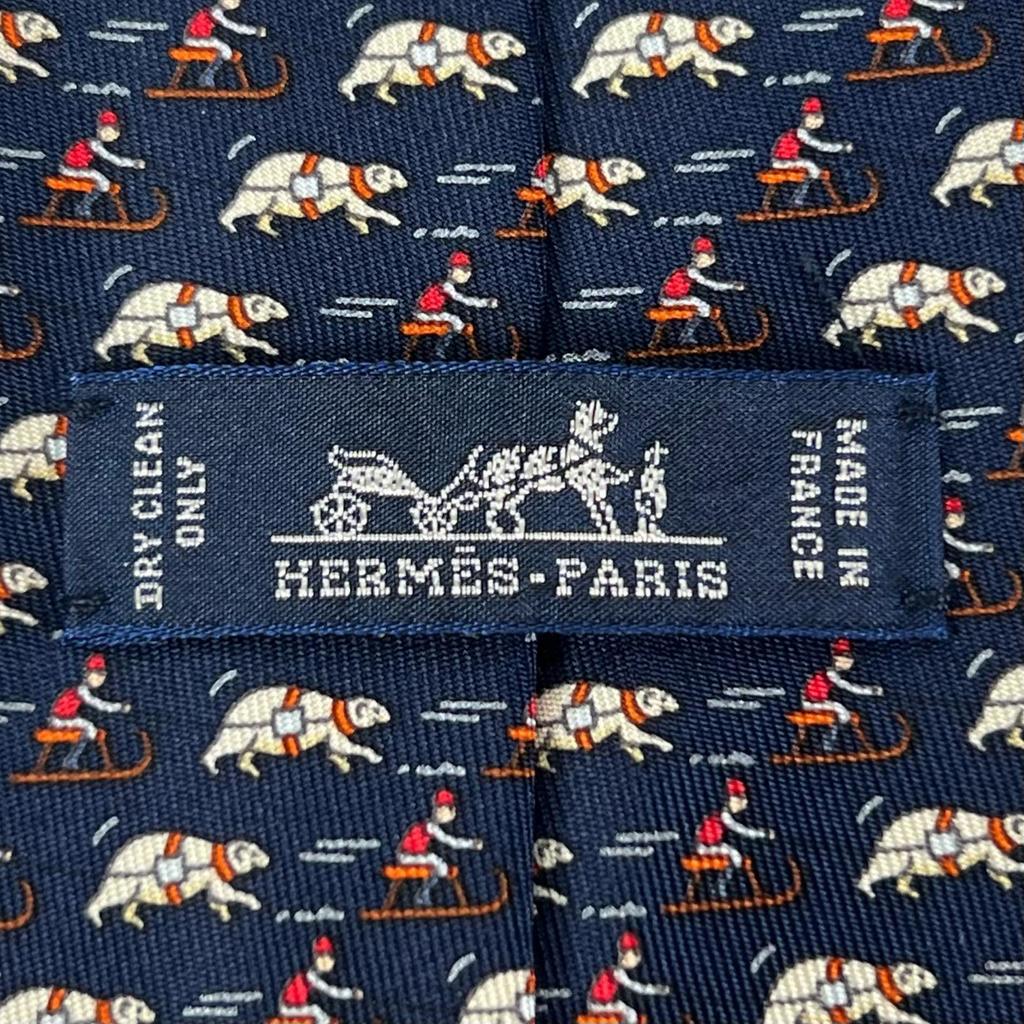Excellent HERMES Tie Riding Pattern Navy Blue Silk Mens 5658 EA Used