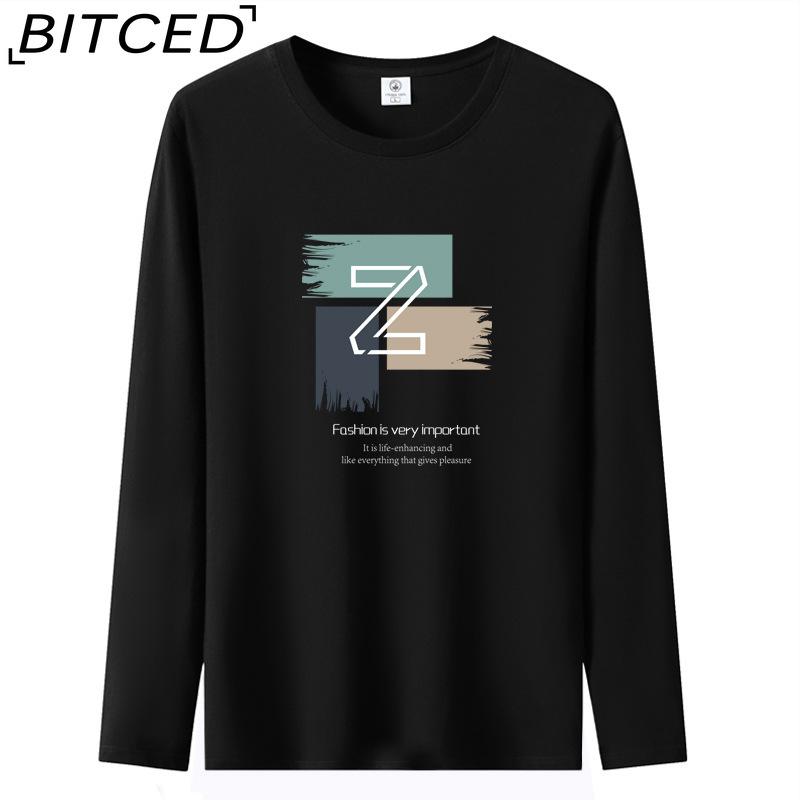 BITCED Мужская футболка с длинными рукавами, облегающая, весна-осень, универсальная рубашка с круглым вырезом
