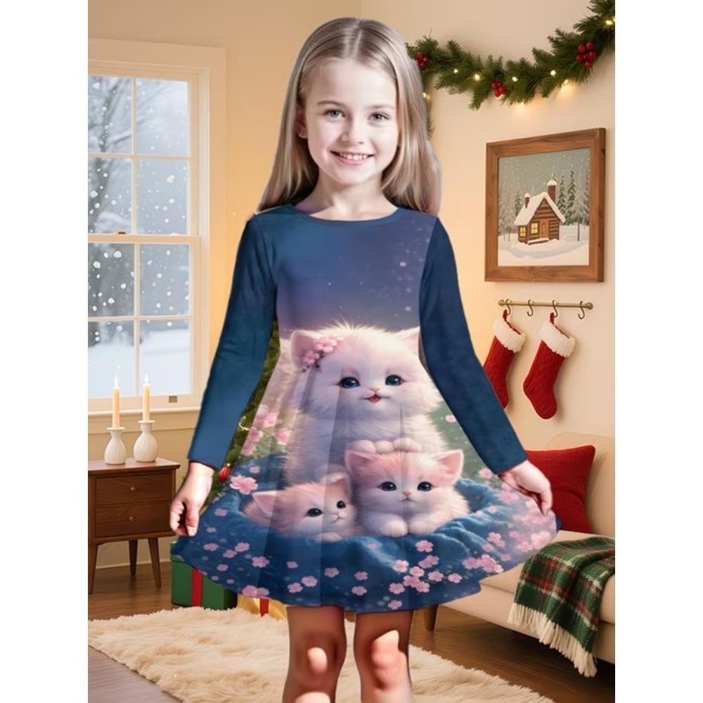 Abito Casual da Ragazza con Stampa Unicorno 3D Girocollo Manica Lunga Abito da Principessa per Bambina