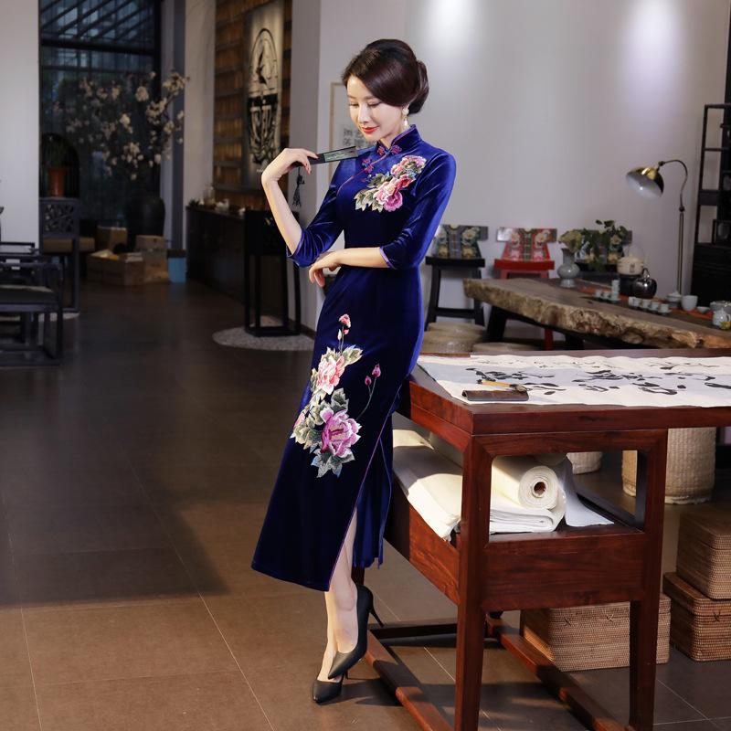 T0011-C Autumn and winter velvet long cheongsam improved daily banquet large size performance clothes women's Chinese style