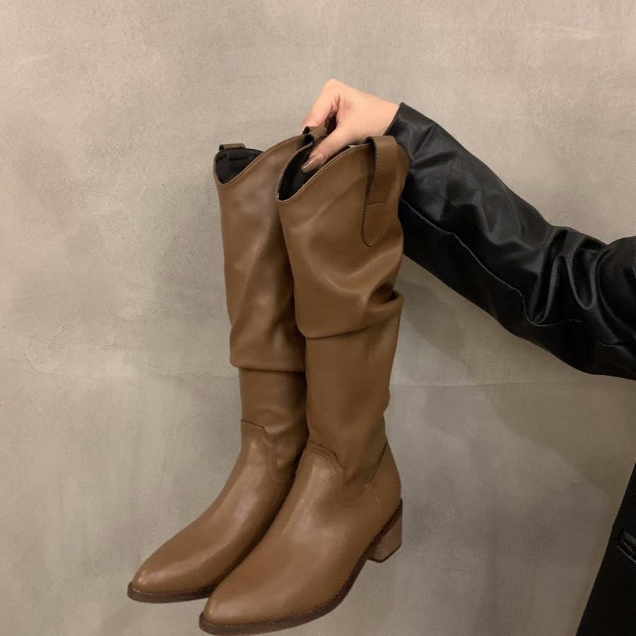 Brown V-mouth boots women's 2025 autumn and winter new thick heel suede tall knight boots popular western pile boots