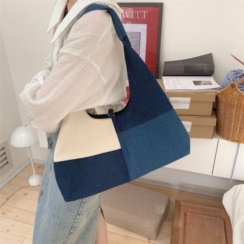 Patchwork Design Women Shoulder Bag Fashion Denim Female Handbags Large Capacity Jeans Big Totes Casual