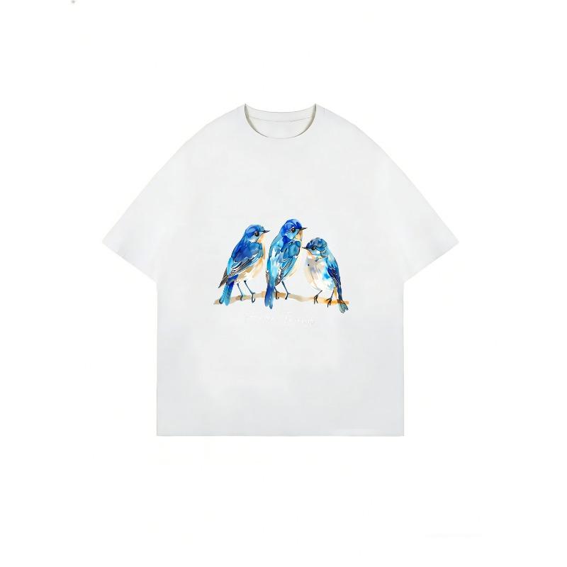 White T Shirt With Blue Birds Print For Casual Wear