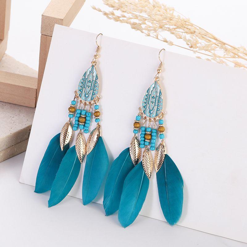 

Retro Court Ethnic Minority Earrings Bohemia Style Ear Clip Accessories Female Long Tassel Feather Earring Accessories Peacock Blue (925 silver ear hook)