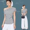 Unique design striped diagonal neck short-sleeved women's summer new careful machine off-the-shoulder T-shirt top