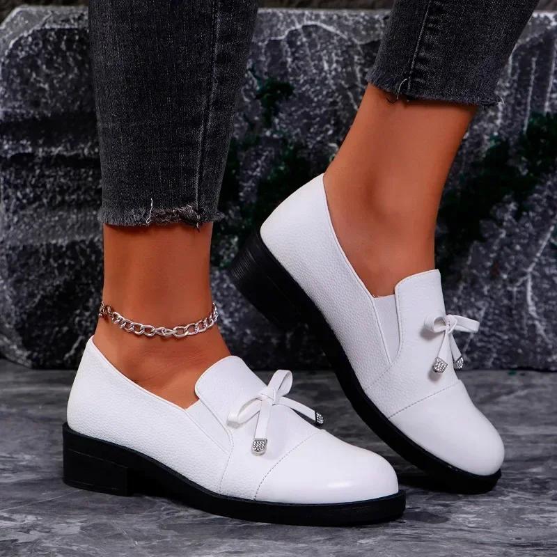 Women's Shoes 2024 Brand Loafers Women's High Heels Fashion Butterfly-knot Office and Career Hot Sale Round Toe Solid High Heels