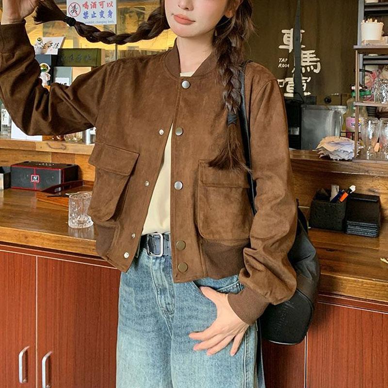 

Female Clothing Maillard Retro Coats Imitation Suede Autumn Winter Baseball Collar American Loose Single-breasted Short Jackets S коричневий