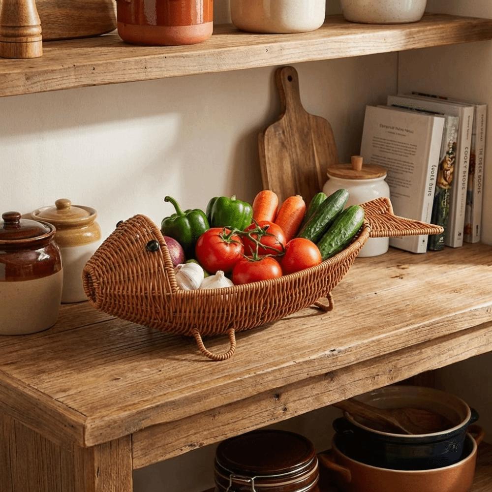 Fish Shape Hand Woven Fruit Basket Wear-resistant Drain Basket Cute Bread Basket  Living Room