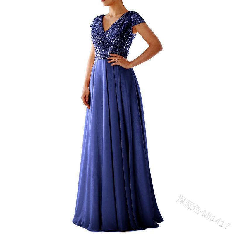 Summer New Foreign Trade Dress New V-neck Sequin Chiffon Patchwork Evening Dress Party Vacation Style Casual Dress