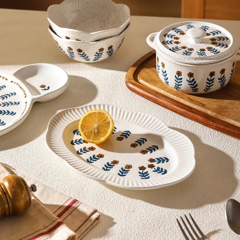 Retro Small Flowers Ceramic Plate High End Household Rice Bowls Exquisite Dumpling Plates Delicious Restaurant Dishes Soup Bowl