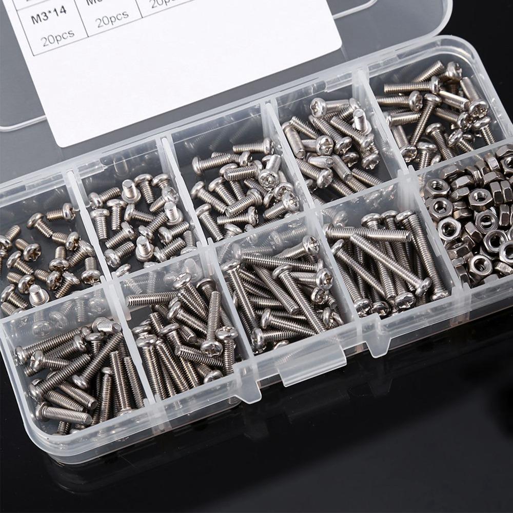 340PCS 304 Stainless Steel Nuts and Bolts Assortment Kit Pan Head Full Thread Screw Assortment Kit Clear Storage Box