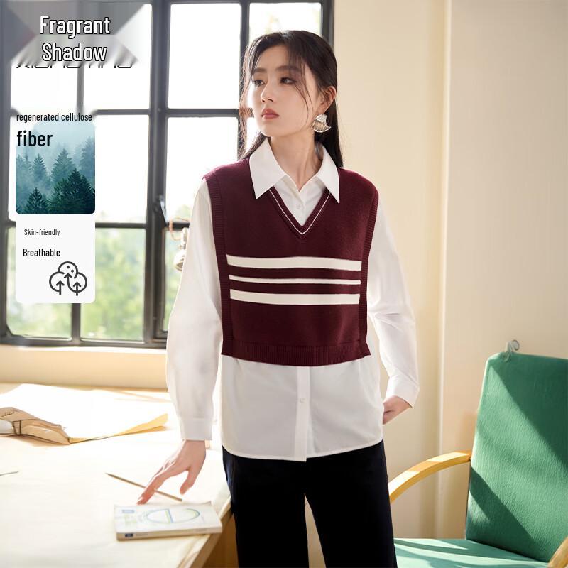 Xiangying Women s Knit Spliced Faux Two-Piece Long Sleeve Shirt S