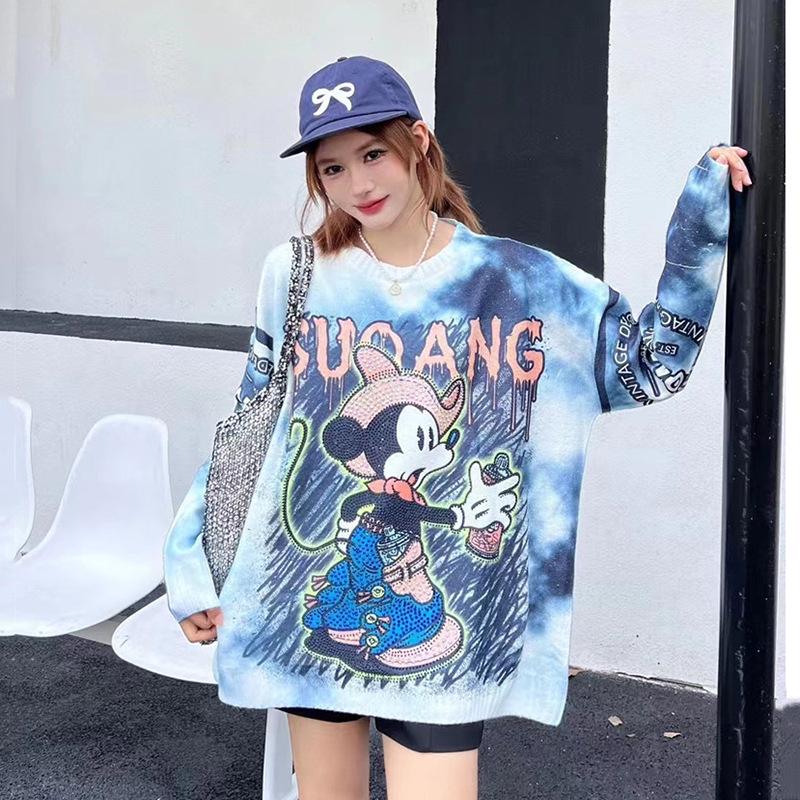 Women's Cartoon Rhinestone Long Sleeve Sweater - Chic Korean Style Loose Knit Round Neck Top for Autumn/Winter