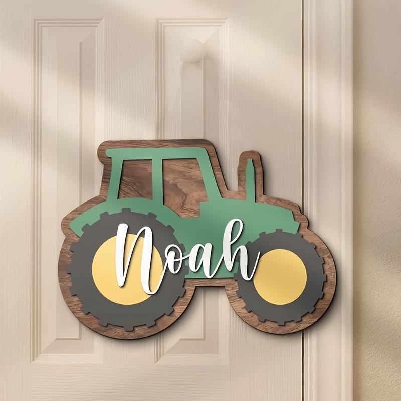 Customized wooden tractor logo, personalized name "Noah" - green and brown farm decoration, suitable for children's rooms or pla