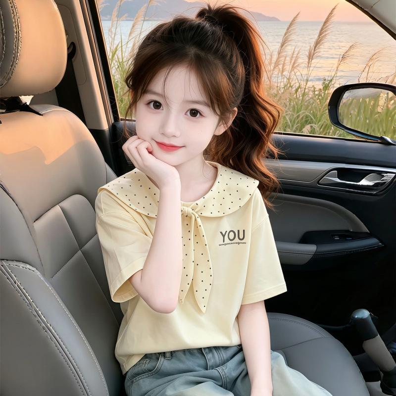 Girls Summer Preppy Peter Pan Collar Short Sleeve T Shirt Casual Cotton Top For Big Kids