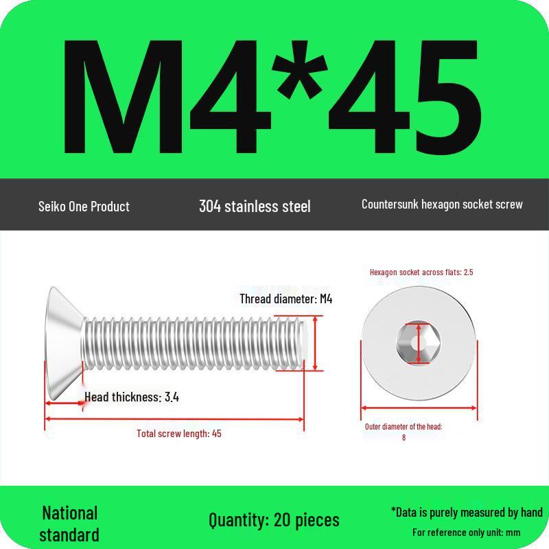 M2-M10 Stainless Steel Flat Head Machine Screws and Bolts Set, Countersunk Hex Socket Cap, 304 Grade.