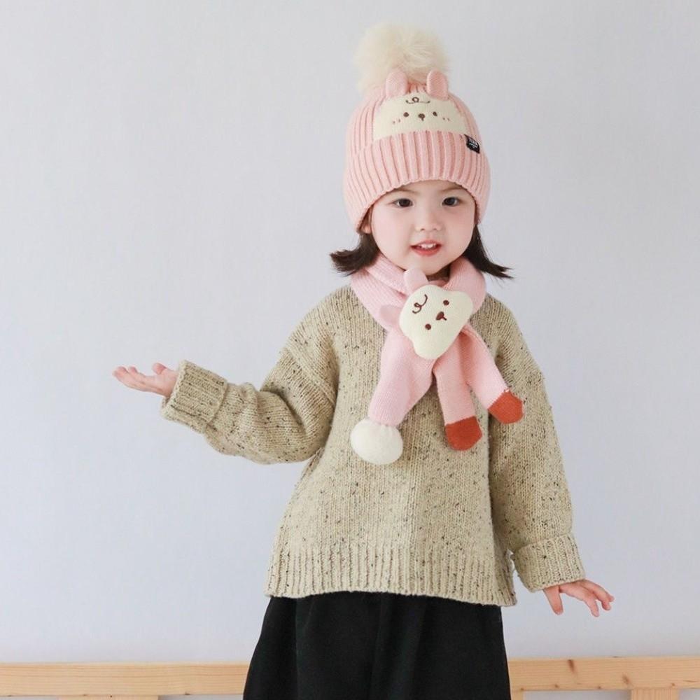 2Pcs Korean Style Children Hat Scarf Set Thickened Cartoon Warm Scarf Knitted Beanies Hat  Infant