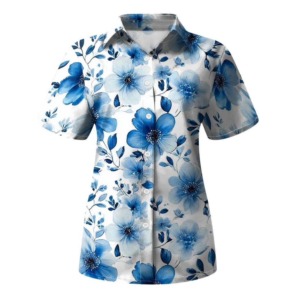 Women's Casual Short Sleeve Button Down Shirt Floral Print Open Front Collar Top Lightweight Summer Blouse Relaxed Fit