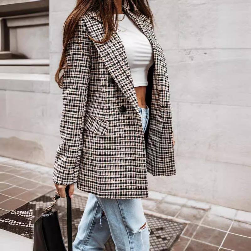 Tooxika Women's Autumn And Winter New Retro Double-breasted Plaid Print Small Suit Women's Mid-length Coat