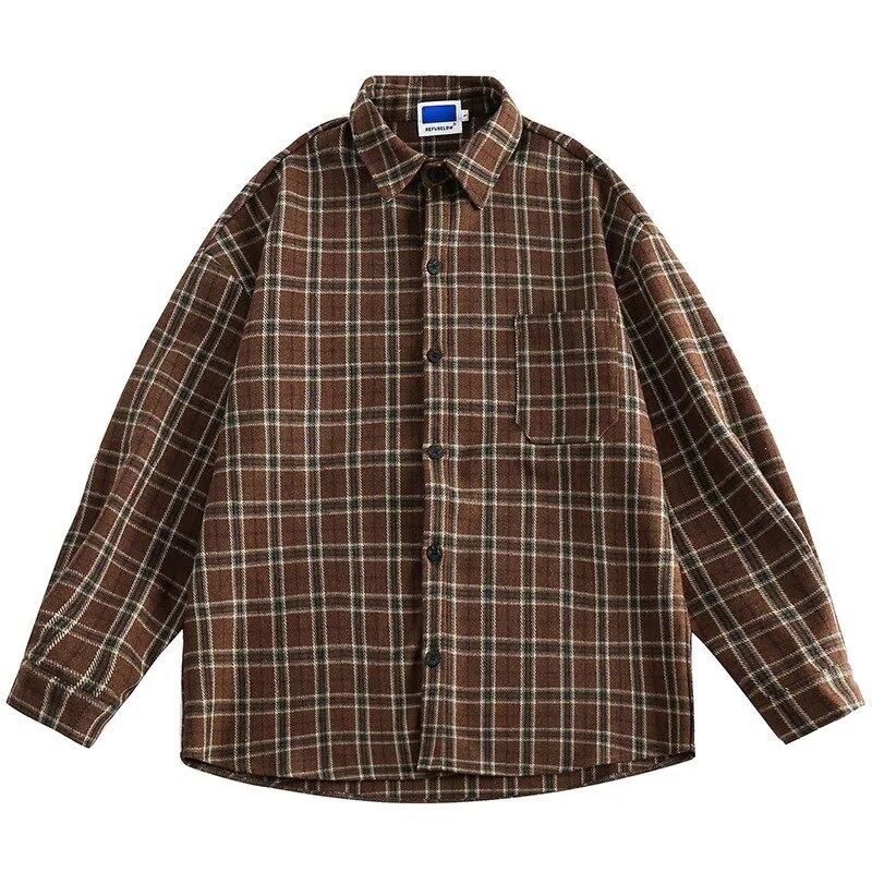 American Casual Brown Plaid Shirt Coat Boys and Girls College Style Blouse Simple Loose Retro Long Sleeve Top
