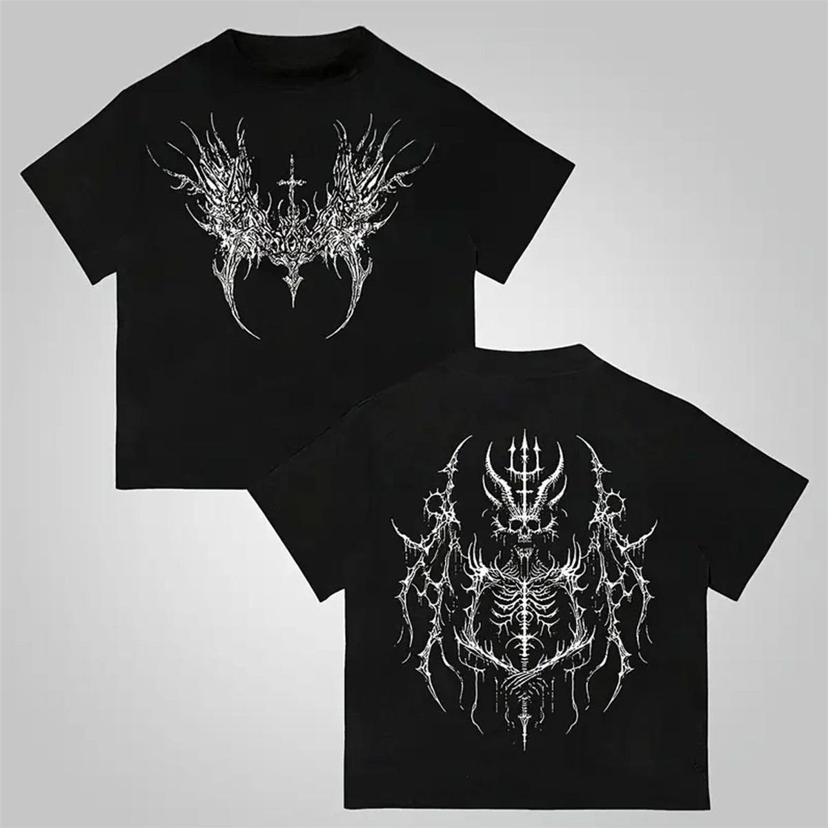 

Men s Dark Gothic Double-Sided Skeleton & Wings Print Short Sleeve Tee L чёрный