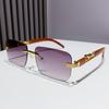European Frameless Edge Cut Wood Grain Leopard Head Sunglasses: Unisex, Square Frame, Trendy for Driving