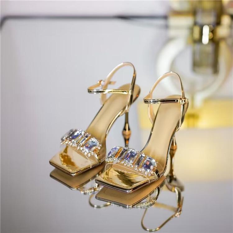 

One-word rhinestone gold square head sandals women s open-toed sexy sparkling high heels 2025 summer new fairy style 39 шампанського