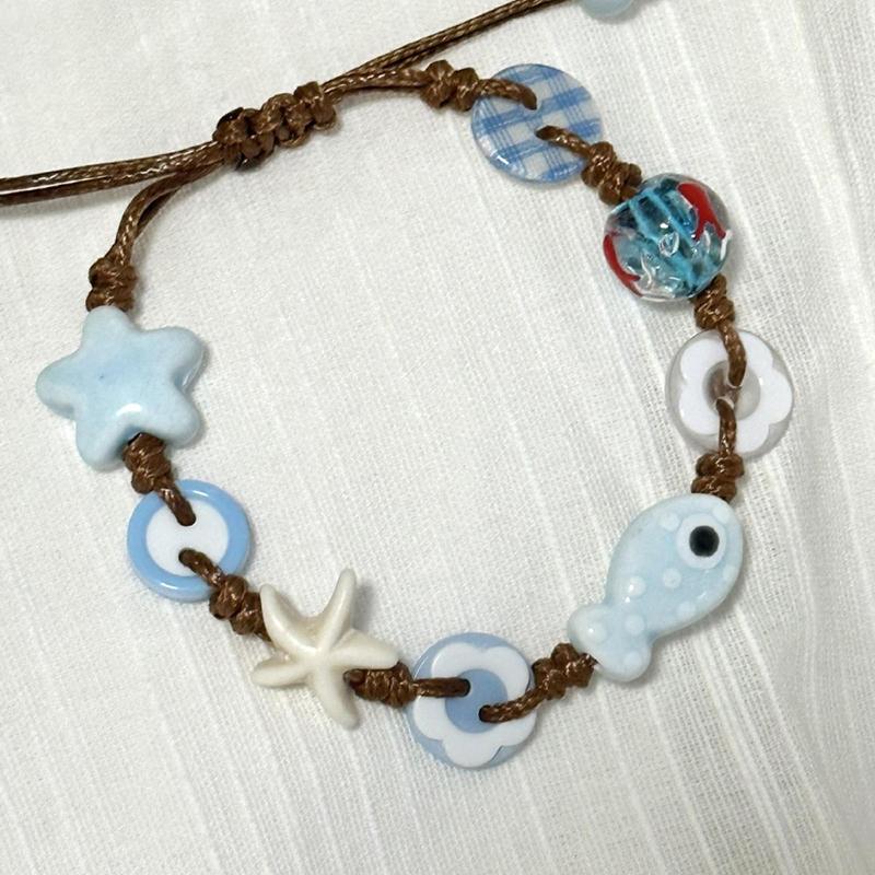 Boho Ceramic Beaded Bracelet, Woven Fish Star Design Holiday Style Jewelry Accessories for Women