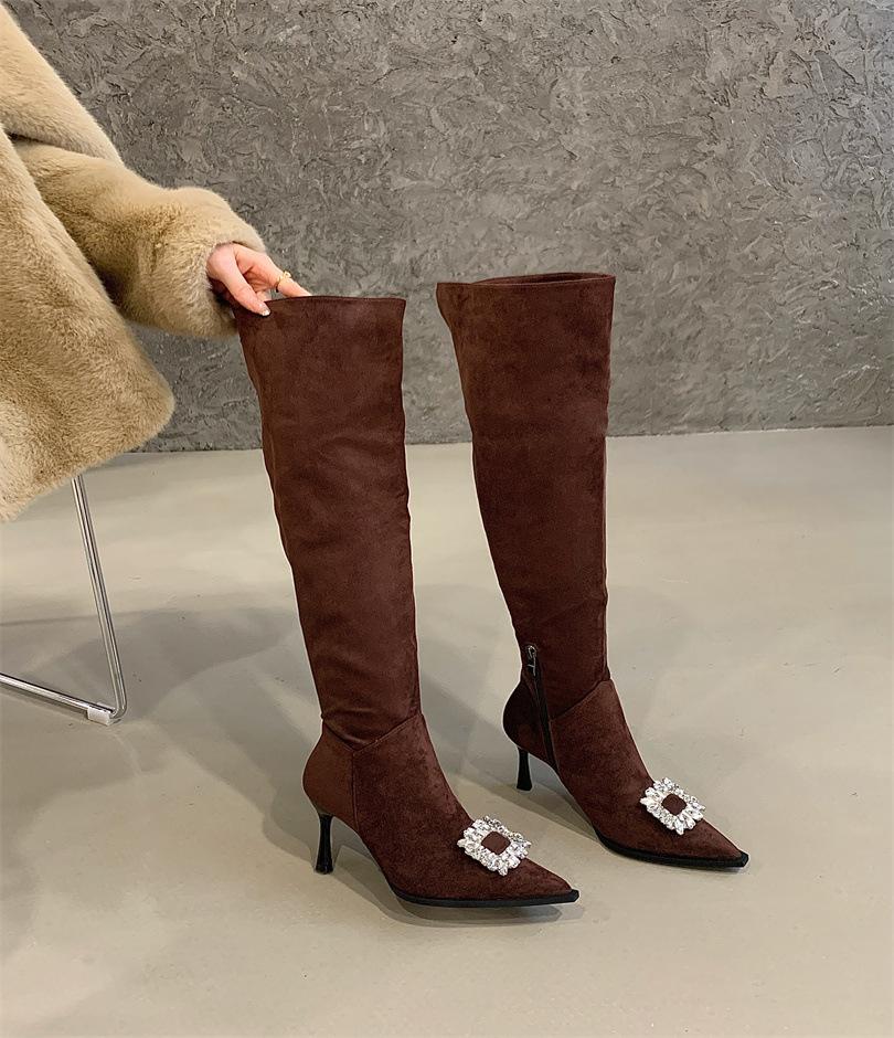

Женские ботфорты 2025 осень и зима новая замшевая высокая эластичная обувь с острым носком на тонком каблуке два варианта носки ботфорты-чулки 39 коричневый