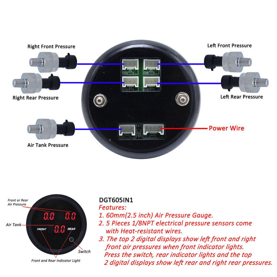 12V Air Pressure Gauge Car Motorcycle Air PSI Meter 60mm 2.5inch Turbo Boost Gauge Controller 5pcs 1/8NPT Electrical Sensors