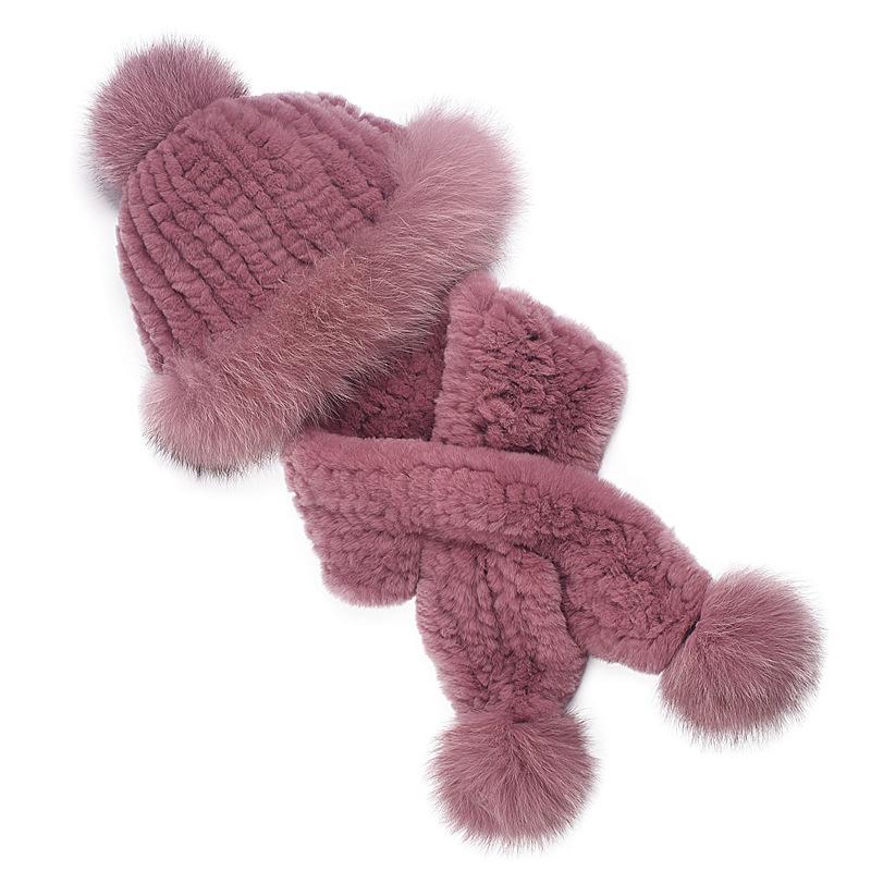 Women's winter warm two-piece scarf hat set, Rex rabbit wool thread thickened fur straw hat real hair scarf