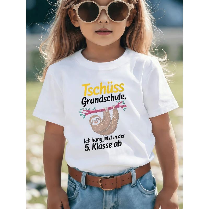 Kids Crew Neck Short Sleeve T-Shirt with Cartoon Sloth & Letter Print 110 белый